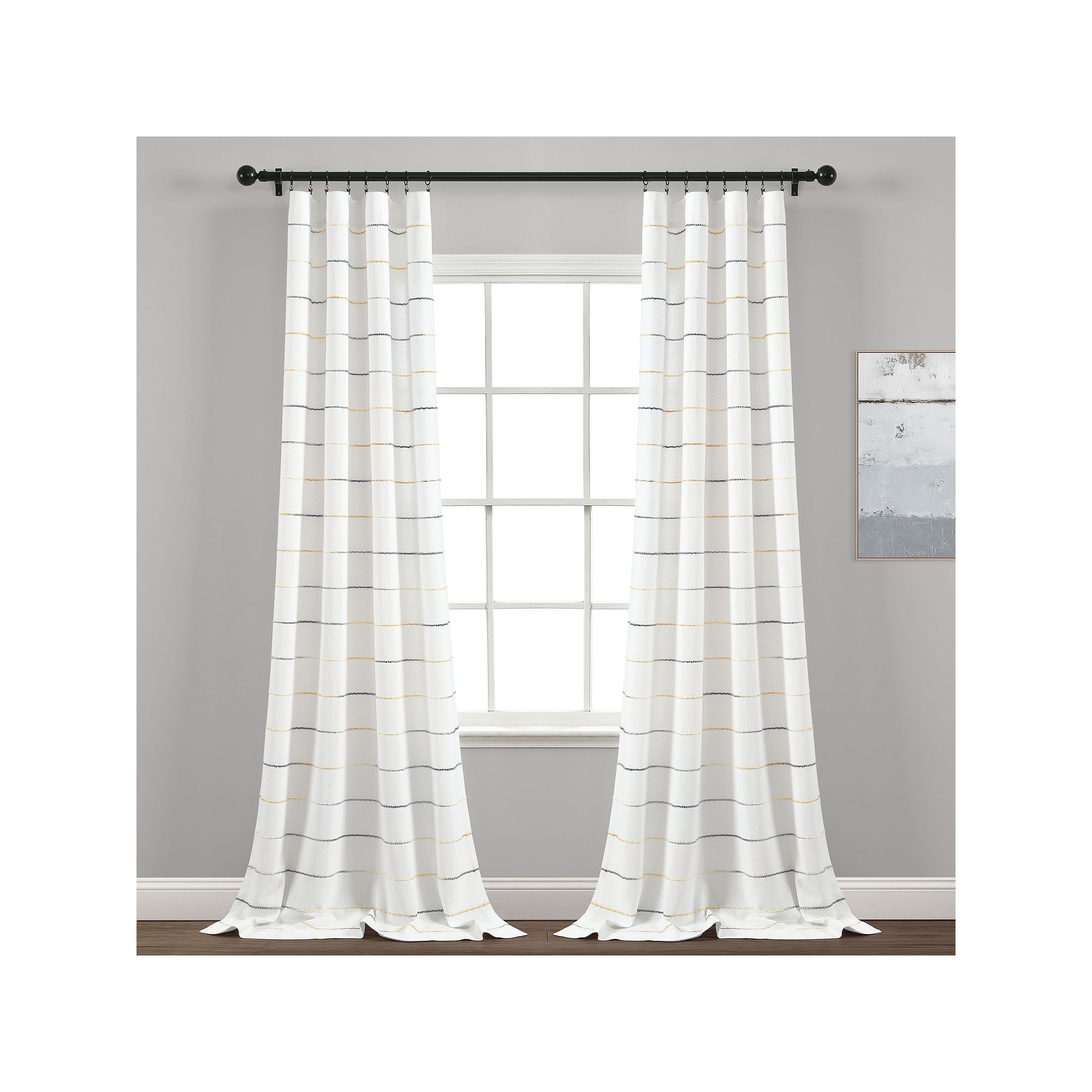Lush Decor Ombre Stripe Yarn Dyed Cotton Window Curtain Set, Yellow Gray