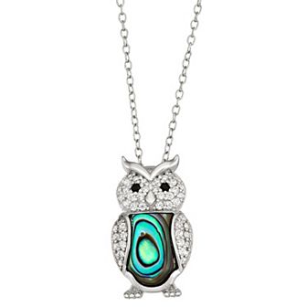 Sterling Silver Abalone & Cubic Zirconia Owl Pendant Necklace