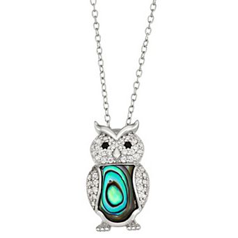 Sterling Silver Abalone & Cubic Zirconia Owl Pendant Necklace