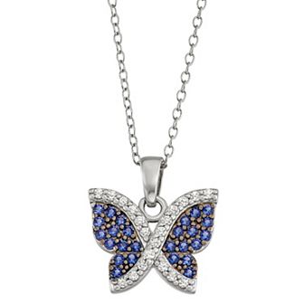 Sterling Silver Lab-Created Blue & White Sapphire Butterfly Pendant Necklace