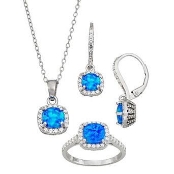 Sterling Silver Lab-Created Blue Opal & Lab-Created White Sapphire Pendant, Ring & Earring Set