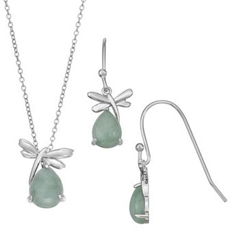 Dynasty Jade Sterling Silver Jade Dragonfly Pendant & Earring Set