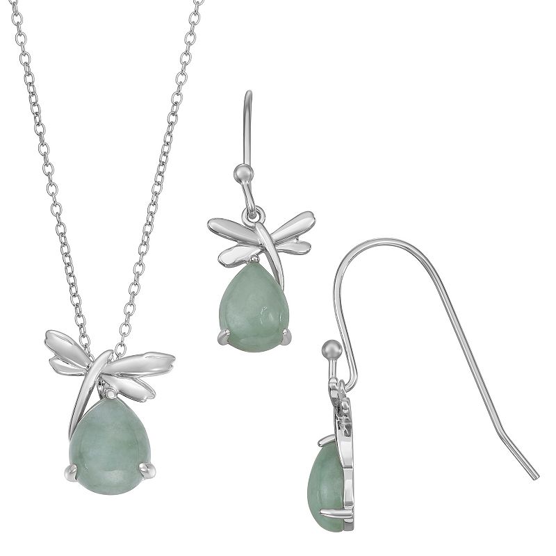 Sterling Silver Jade Dragonfly Pendant & Earring Set, Womens, Size: 18,