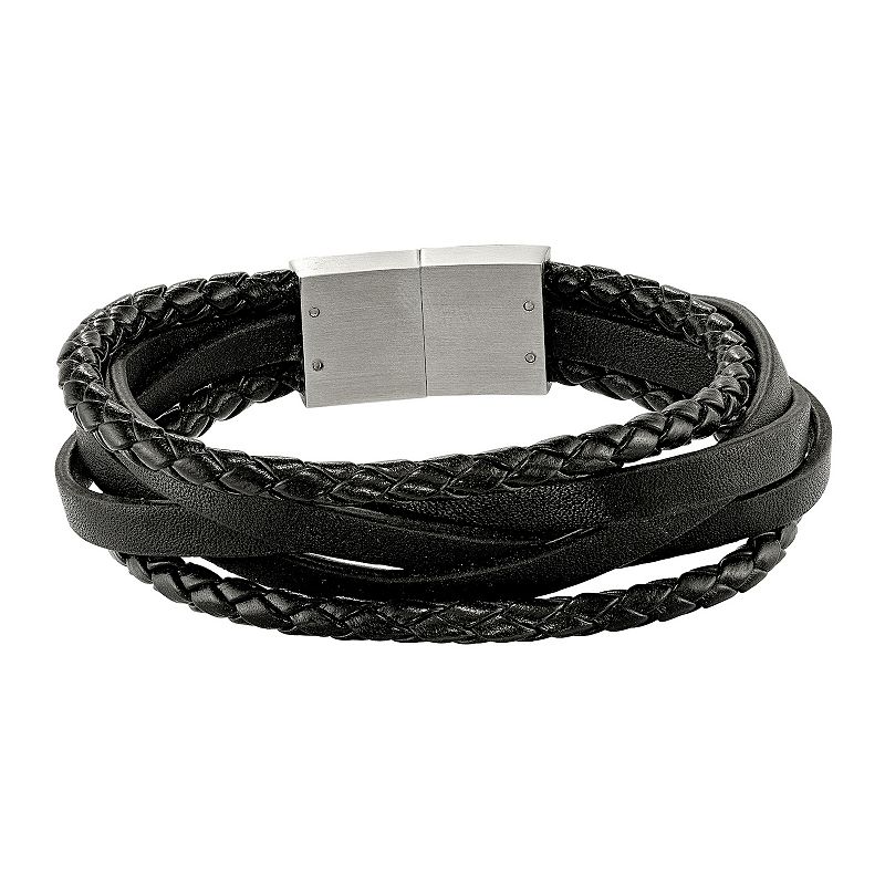 49123408 Mens Black Leather Multistrand Bracelet, Size: 8.2 sku 49123408