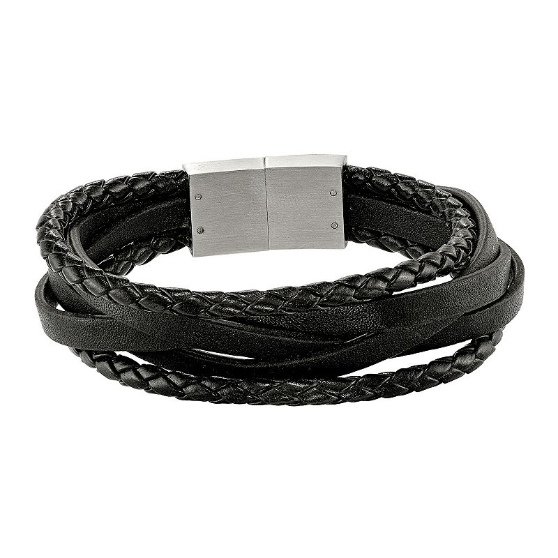 Unbranded Men's Black Leather Multistrand Bracelet, Size: 8.25", Stainless