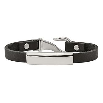 Men's Stainless Steel & Black Leather ID Bracelet