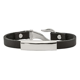 Men's Stainless Steel & Black Leather ID Bracelet