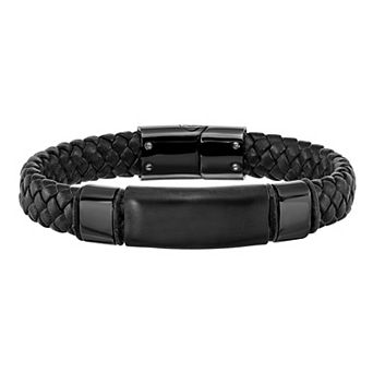 Men's Black Ion-Plated Stainless Steel & Black Braided Leather Bracelet