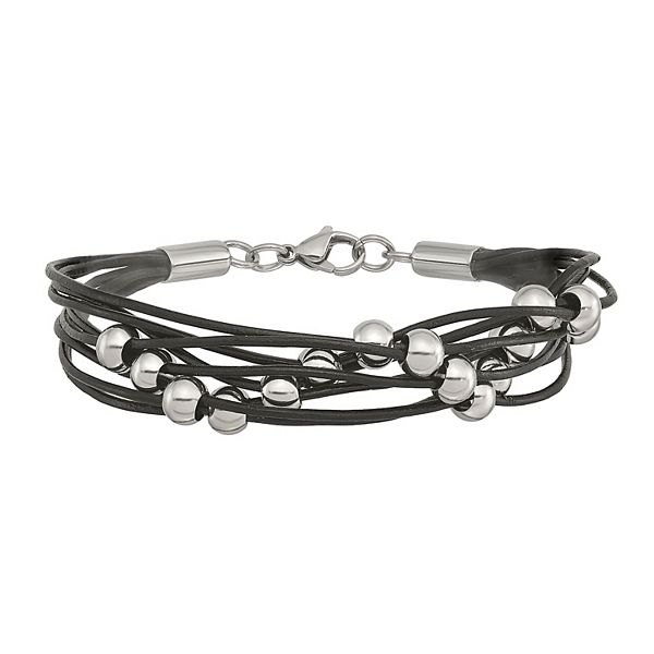 Men's Stainless Steel Bead & Black Leather Multistrand Bracelet