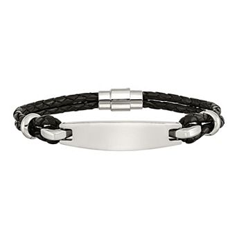 Men's Stainless Steel Black Leather ID Bracelet