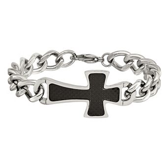 Men's Stainless Steel Black Carbon Fiber Cross Bracelet