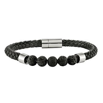 Men's Stainless Steel Black Leather Lava Bead Bracelet