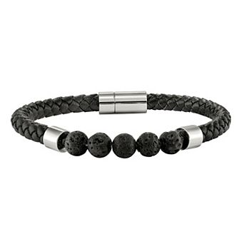 Men's Stainless Steel Black Leather Lava Bead Bracelet