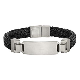 Men's Stainless Steel Black Leather ID Bracelet