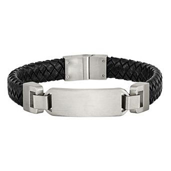 Men's Stainless Steel Black Leather ID Bracelet