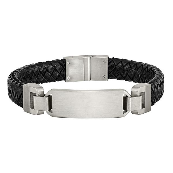 Men's Stainless Steel Black Leather ID Bracelet