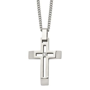 Men's Stainless Steel Cubic Zirconia Cross Pendant Necklace