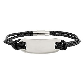 Men's Stainless Steel Woven Black Leather ID Bracelet