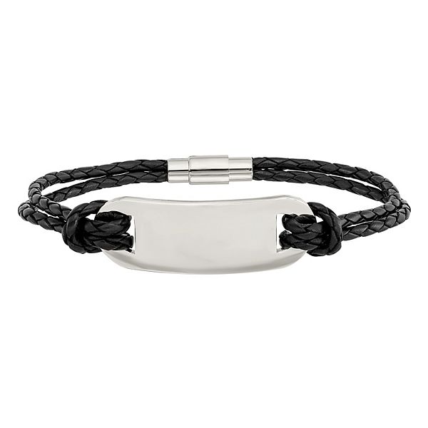 Men's Stainless Steel Woven Black Leather ID Bracelet