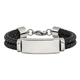 Men's Stainless Steel Black Leather ID Bracelet