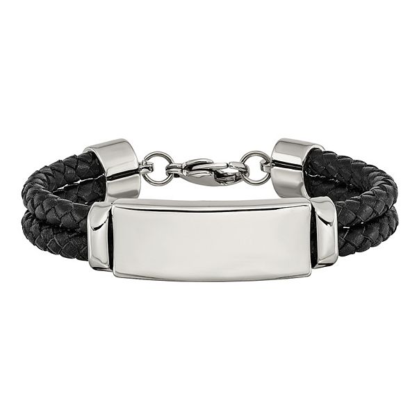 Men's Stainless Steel Black Leather ID Bracelet