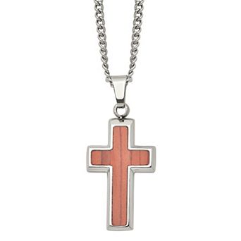 Men's Stainless Steel & Wood Cross Pendant Necklace