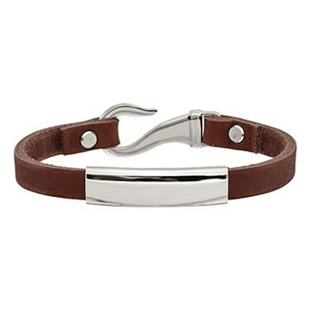 Men's Brown Leather & Stainless Steel ID Bracelet