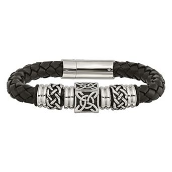 Men's Stainless Steel Antiqued Beads & Black Leather Bracelet