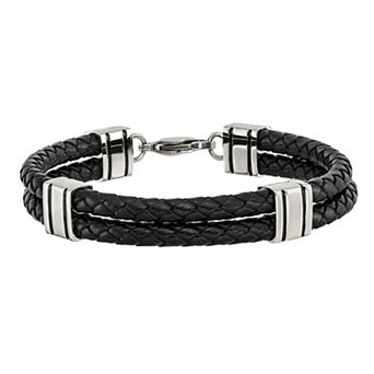Men's Stainless Steel Double Strand Black Leather Bracelet