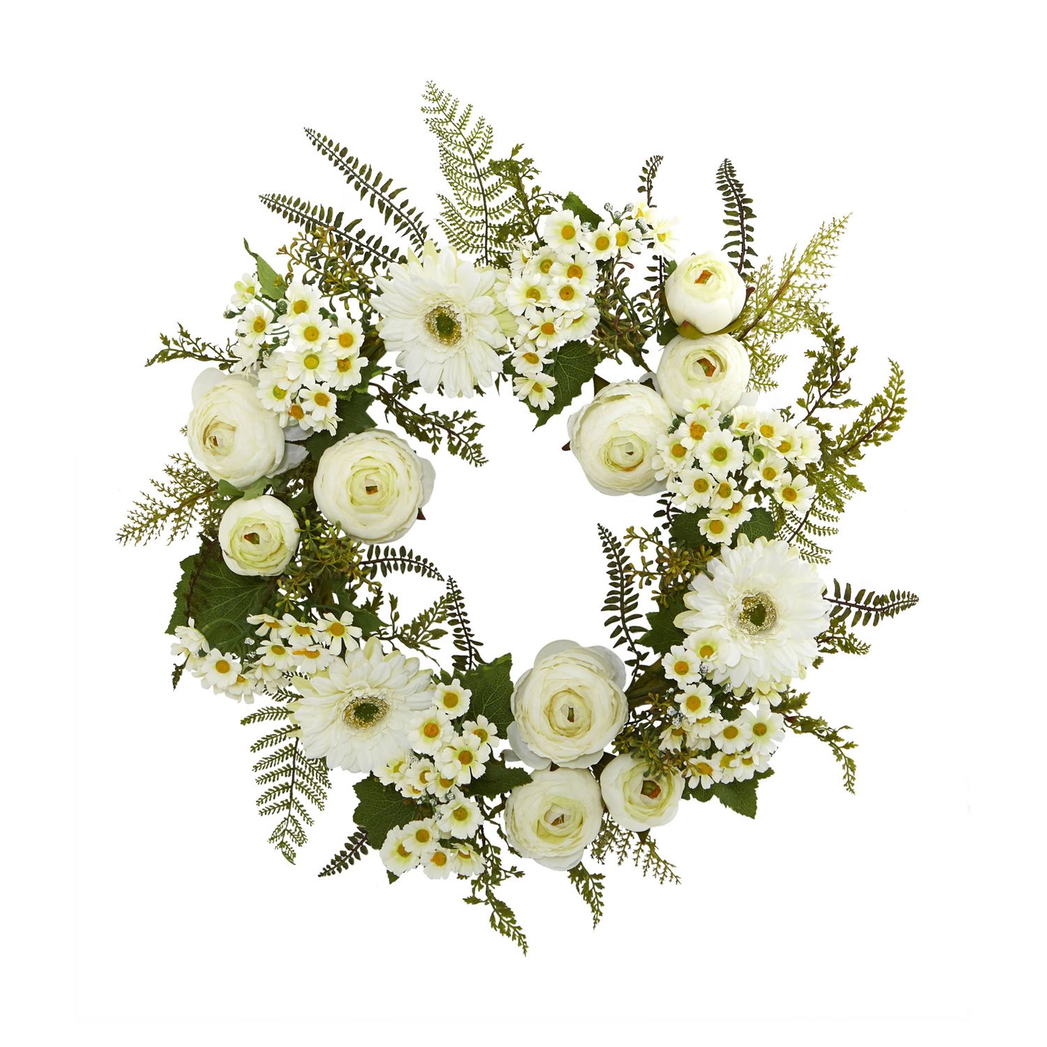 Artificial Spring Flower Wreath - 25cm, Cream Ranunculus & Daisies, Plastic Base For Door Or Wall Decoration