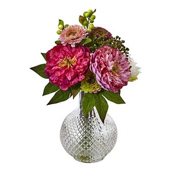 nearly natural Artificial Peony & Mum Floral Arrangement in Circular Glass Vase