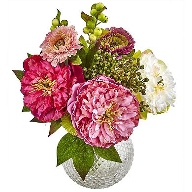 nearly natural Artificial Peony & Mum Floral Arrangement in Circular Glass Vase