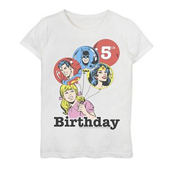 Girls 7-16 DC Comics Justice League 5th Birthday Balloons Graphic Tee