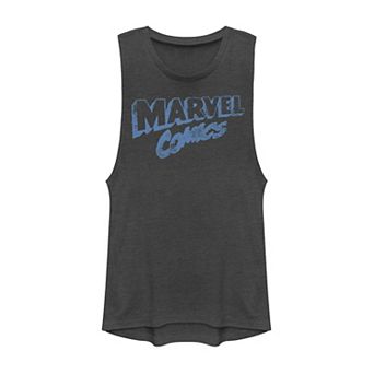 Juniors' Marvel Comic Retro Blue Logo Muscle Tank Top
