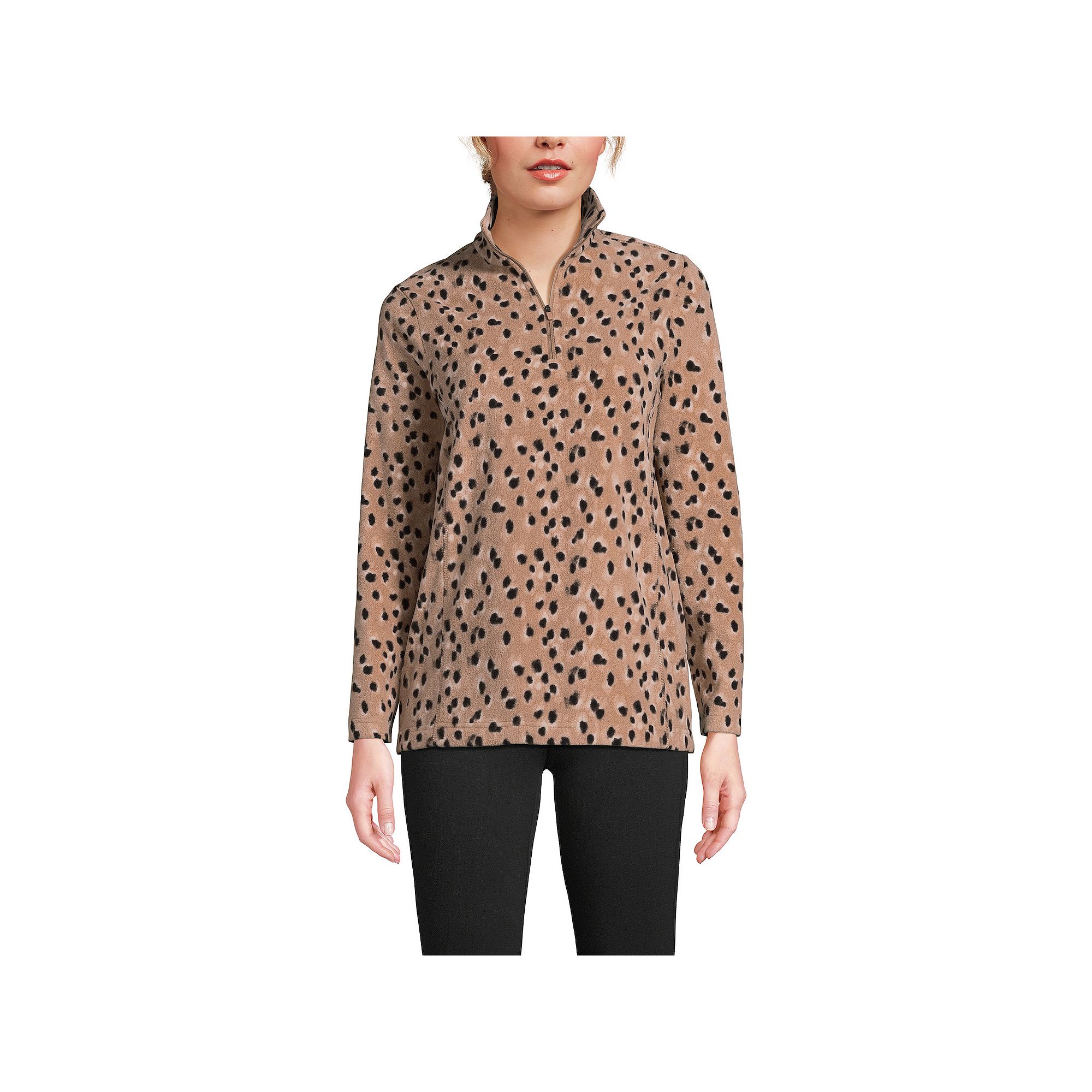 Womens Lands End Quarter-Zip Fleece Pullover, Size: XS, Brown Animal Spot