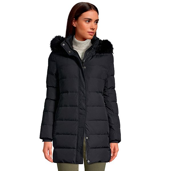 Faux Fur Hood Long Down Coat, Womens Black Winter Coat With Belt