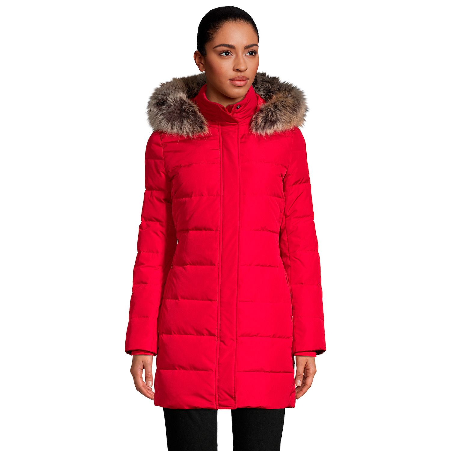 womens red puffer jacket with fur hood