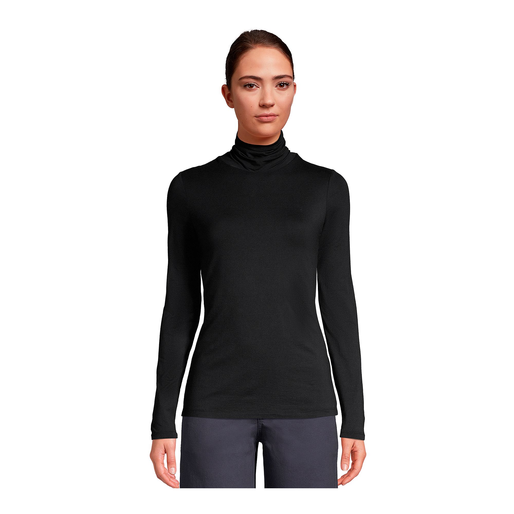 Womens Lands End Lightweight Fitted Turtleneck, Size: Medium Tall, Black