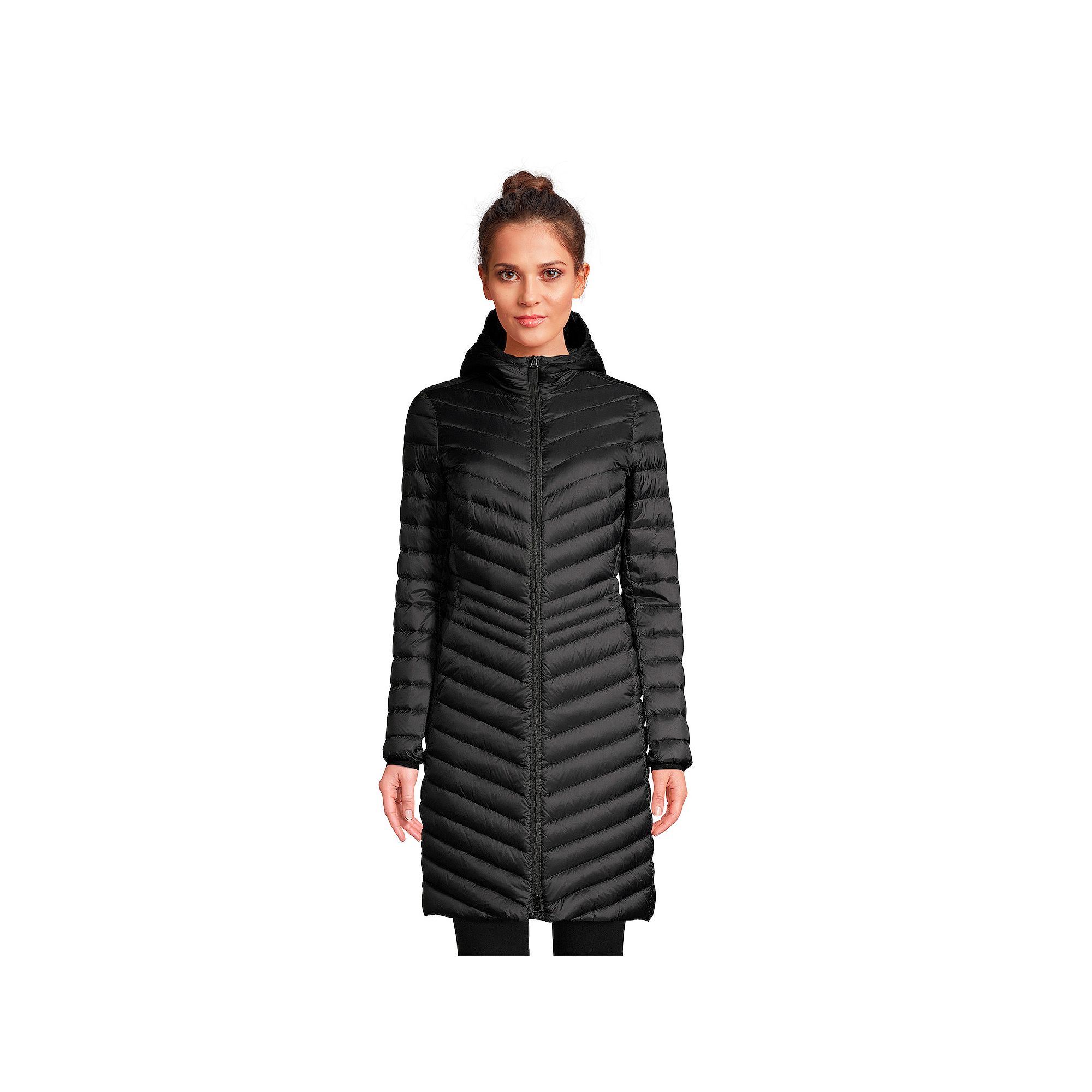 Womens Lands End Hooded Wanderweight Ultralight Packable Long Down Coat, 