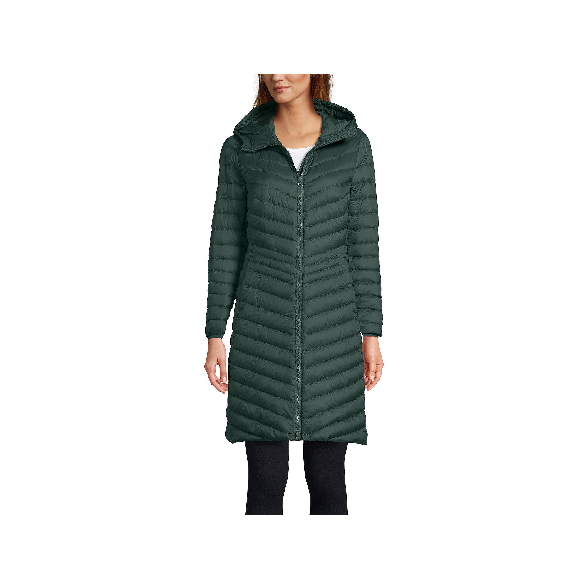 Womens Lands End Hooded Wanderweight Ultralight Packable Long Down Coat, 