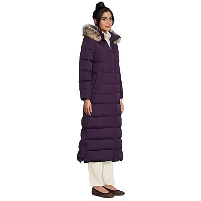 Women s Lands End Faux Fur Hood Quilted Long Down Winter Coat