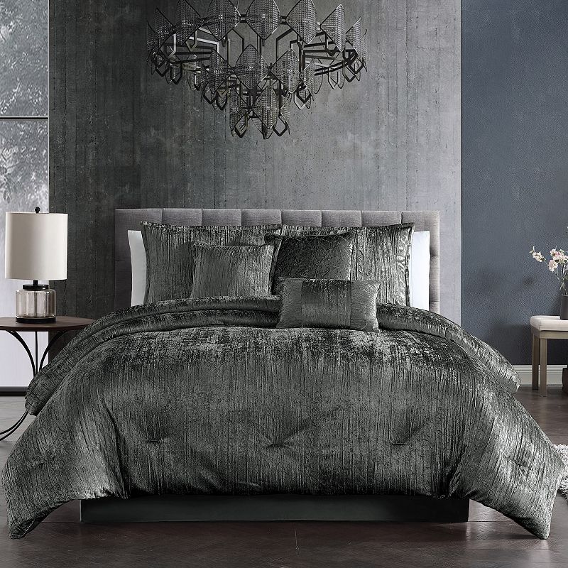 7pc King Turin Crinkle Velvet Comforter Set Charcoal - Riverbrook Home