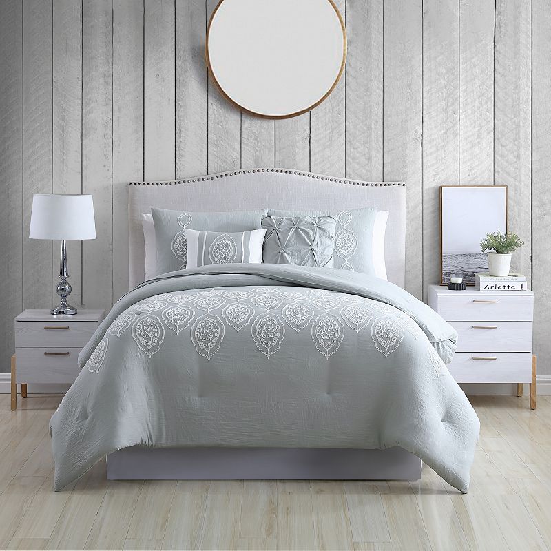 Modern Threads Embroidered Comforter Set, Grey, Queen