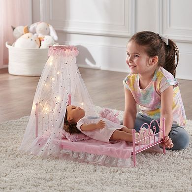 Badger Basket Starlights LED Canopy Metal Doll Bed with Bedding - Pink