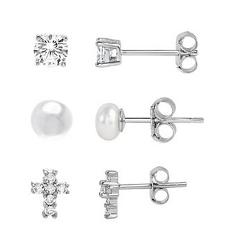 petit cheris Kids 3 Pair Sterling Silver CZ Stud, Freshwater Cultured Pearl & Cross Earring Set