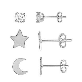 petit cheris Kids Sterling Silver Cubic Zirconia Stud, Star, & Moon 3 pc Earring Set