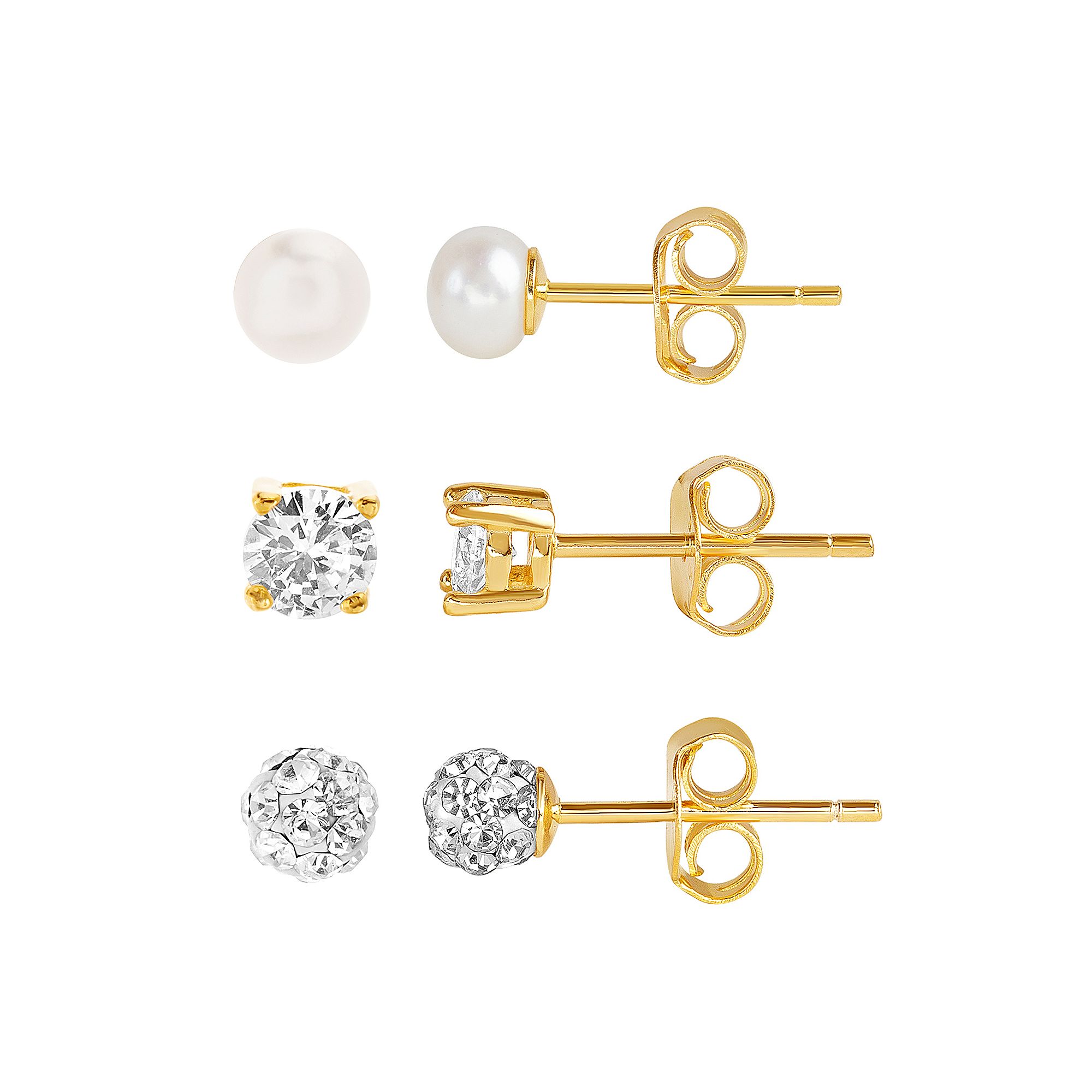 petit cheris Kids 3 Pair Sterling Silver CZ & Freshwater Cultured Pearl Stu