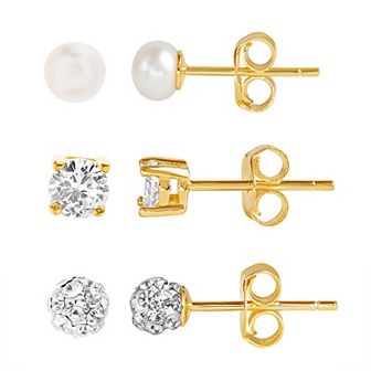 petit cheris Kids 3 Pair Sterling Silver CZ & Freshwater Cultured Pearl Stud Earring Set