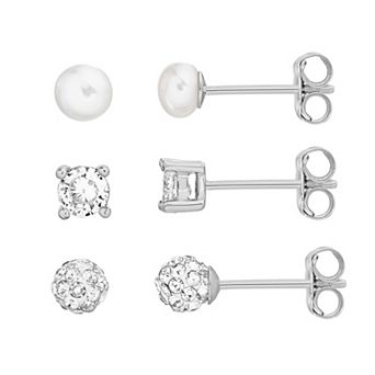 petit cheris Kids 3 Pair Sterling Silver CZ & Freshwater Cultured Pearl Stud Earring Set