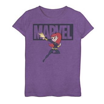 Girls 7-16 Marvel Black Widow Chibi Action Pose Logo Outline Graphic Tee
